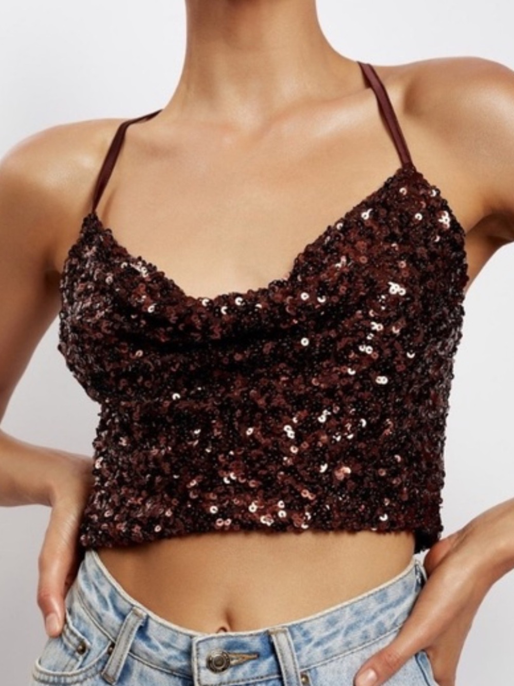 Meshki Brown Sequin Cowl Crop Top